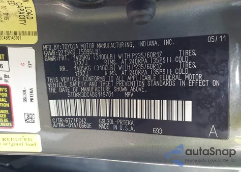 2011 Toyota Sienna Le V6 z USA, uszkodzony, nr VIN 5TDKK3DC4BS149701